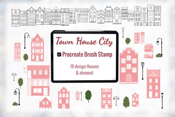 Town House Procreate Brush Stamp: Instant Architectural Charm for Your Digital Art